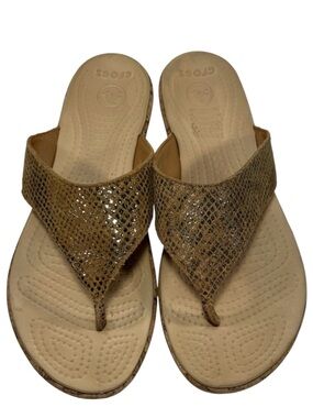 Crocs A Leigh Brown Snake Print Wedge Sandals Womens size 10
